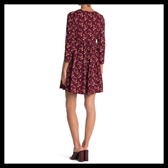 KENEDIK Floral Tiered Ruffle Rib Knit Dress Colors: Wine & Pink - Picture 4 of 7
